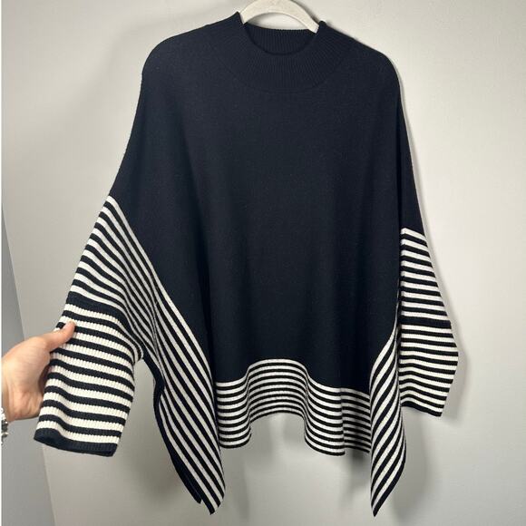 P. Luca Milano Black & White Striped Draped Poncho Sweater Women's One Size - Picture 5 of 7